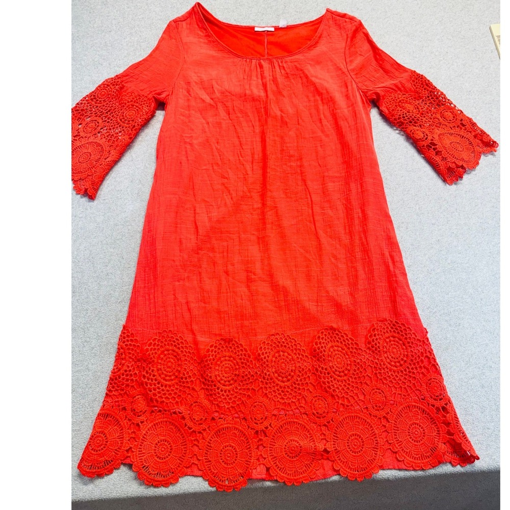 Newβ York & Company Womens Medium Orange Crochet Lace Shift Dress 3/4 Sleeve